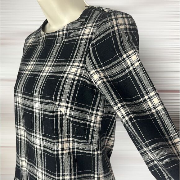 BONPOINT Cotton Black Cream Plaid Mini Dress Tunic Pleated Skirt  size XS - Picture 3 of 16